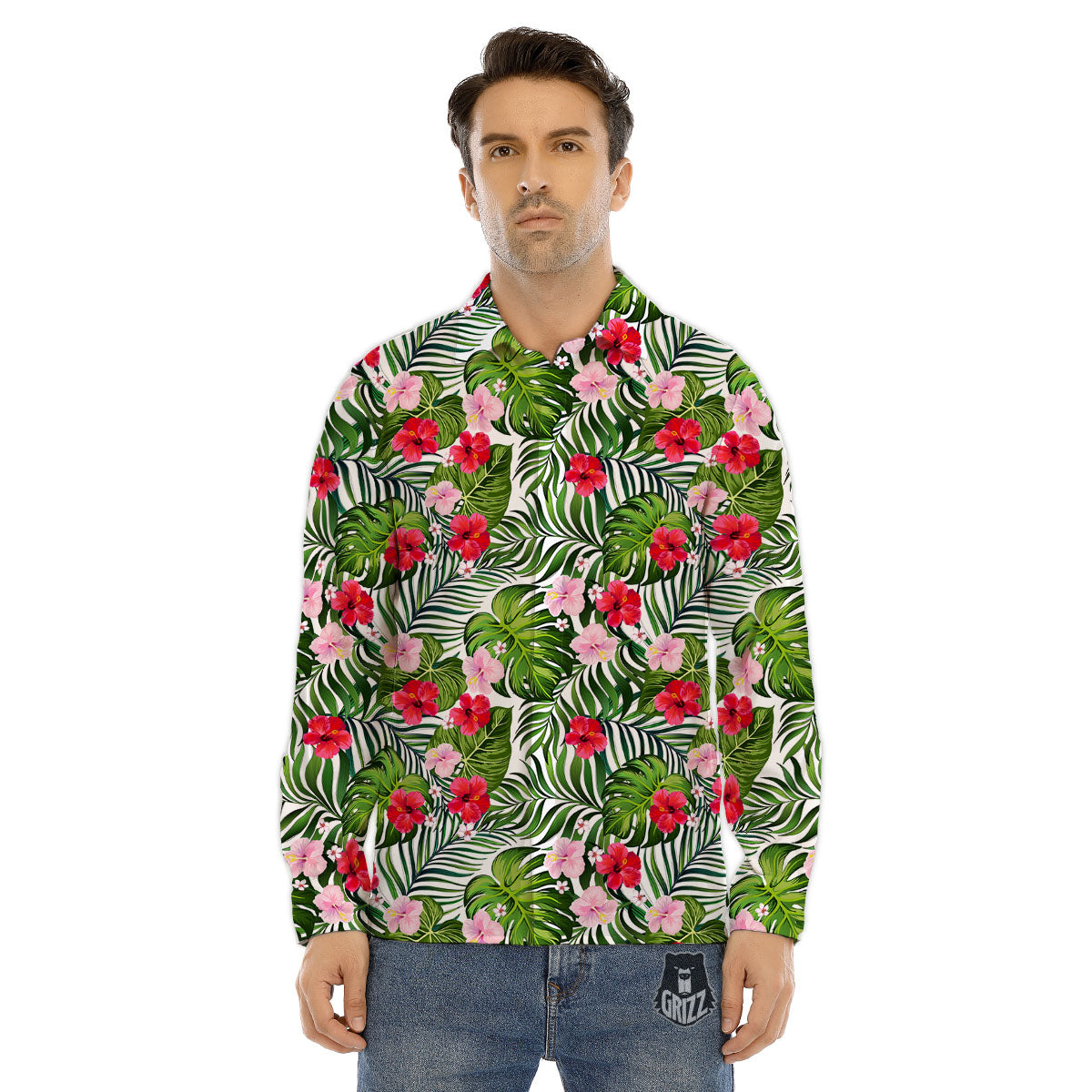 Hawaii Hibiscus Monstera Print Pattern Men's Dress Shirts-grizzshop