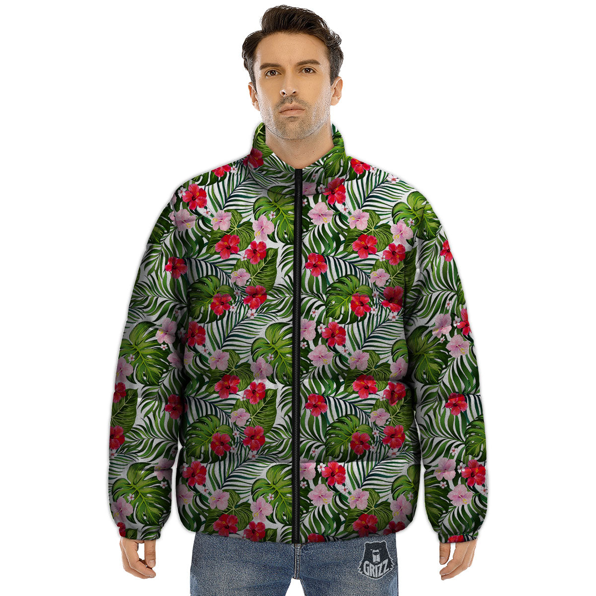 Hawaii Hibiscus Monstera Print Pattern Puffer Jacket-grizzshop