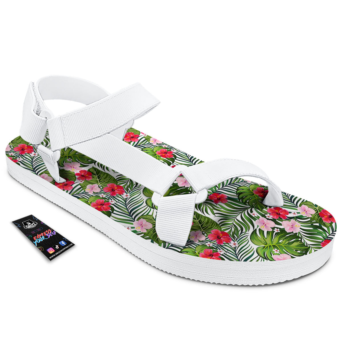 Hawaii Hibiscus Monstera Print Pattern White Open Toe Sandals-grizzshop