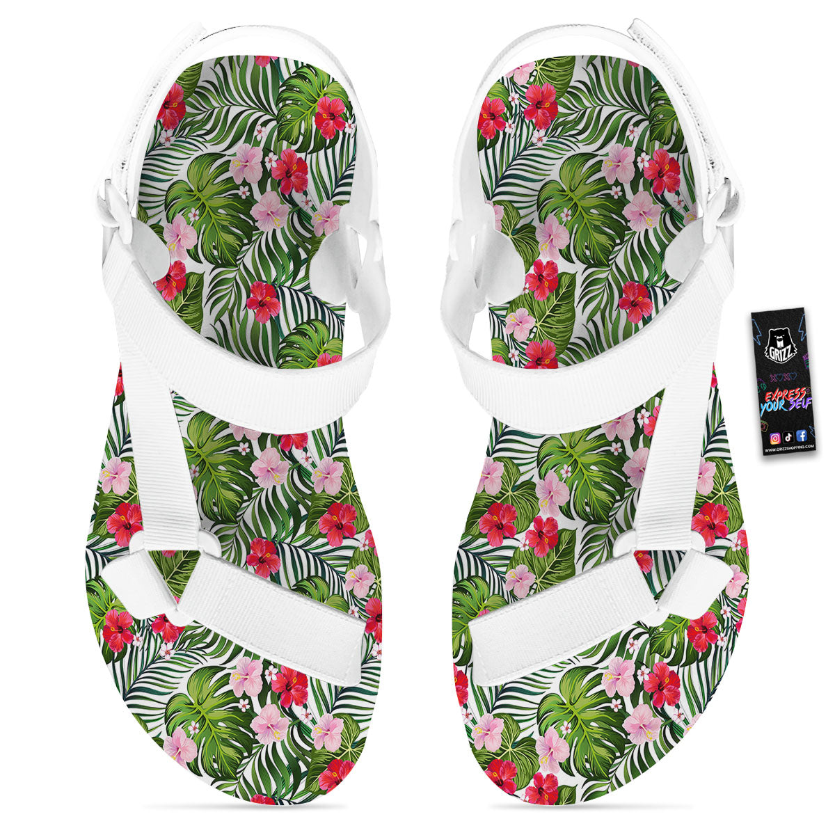 Hawaii Hibiscus Monstera Print Pattern White Open Toe Sandals-grizzshop