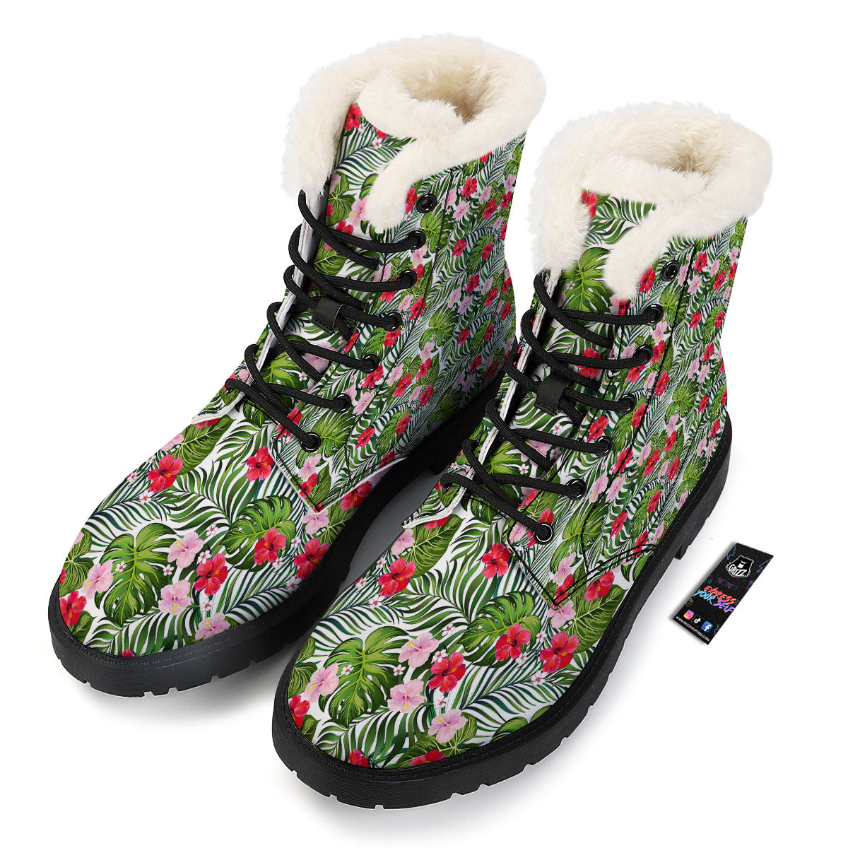 Hawaii Hibiscus Monstera Print Pattern Winter Boots-grizzshop