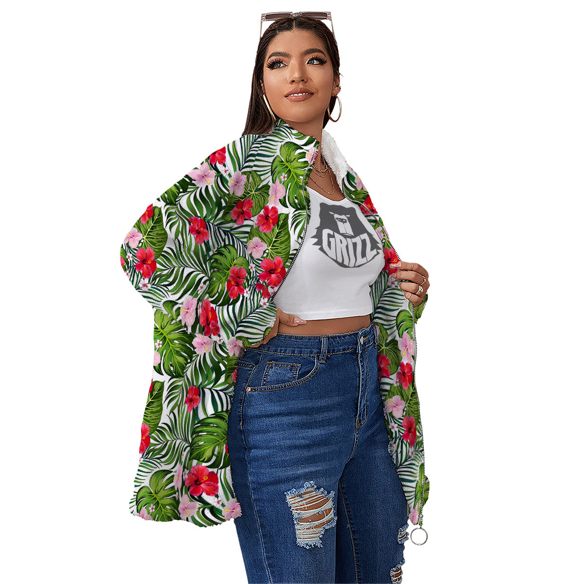 Hawaii Hibiscus Monstera Print Pattern Women's Sherpa Jacket-grizzshop