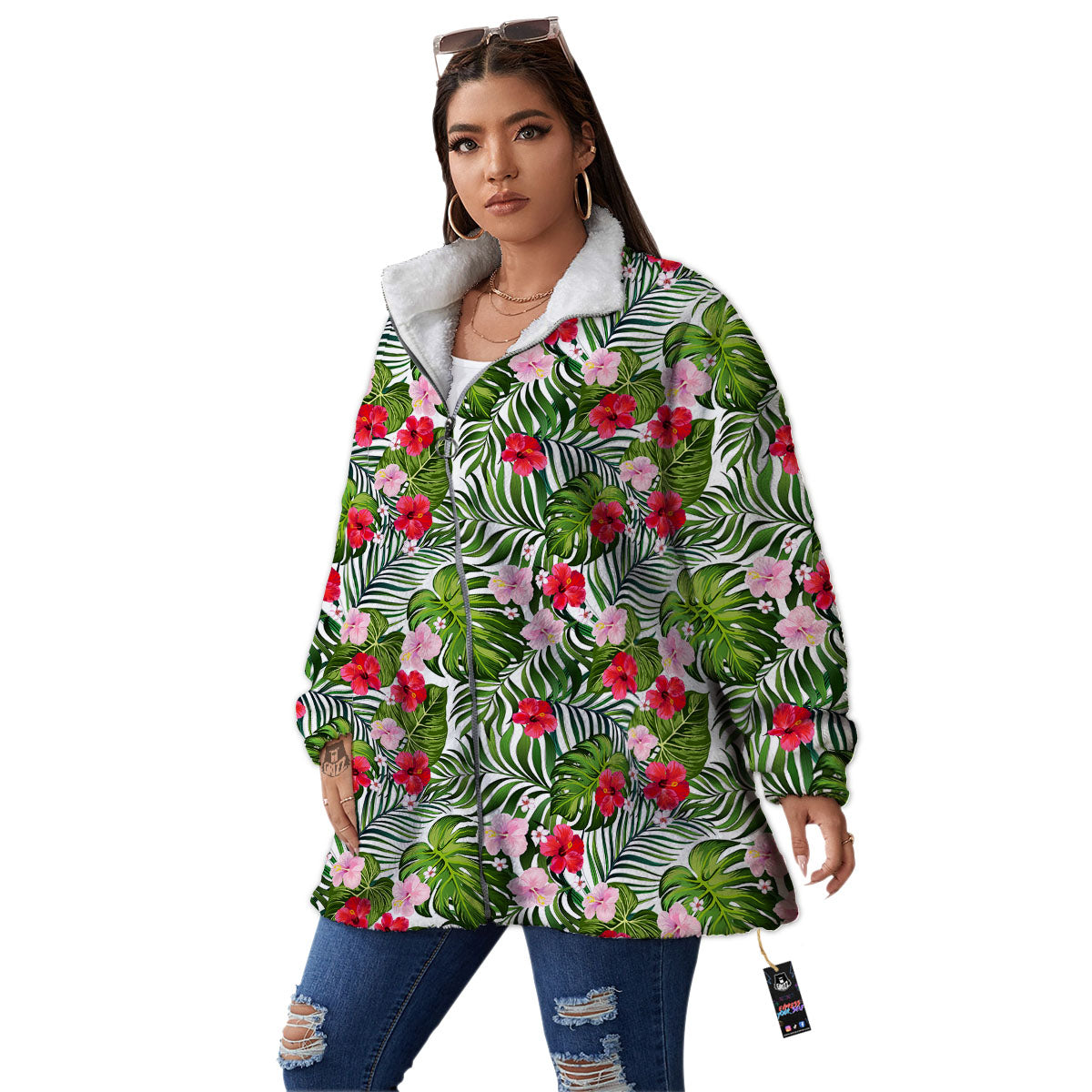 Hawaii Hibiscus Monstera Print Pattern Women's Sherpa Jacket-grizzshop