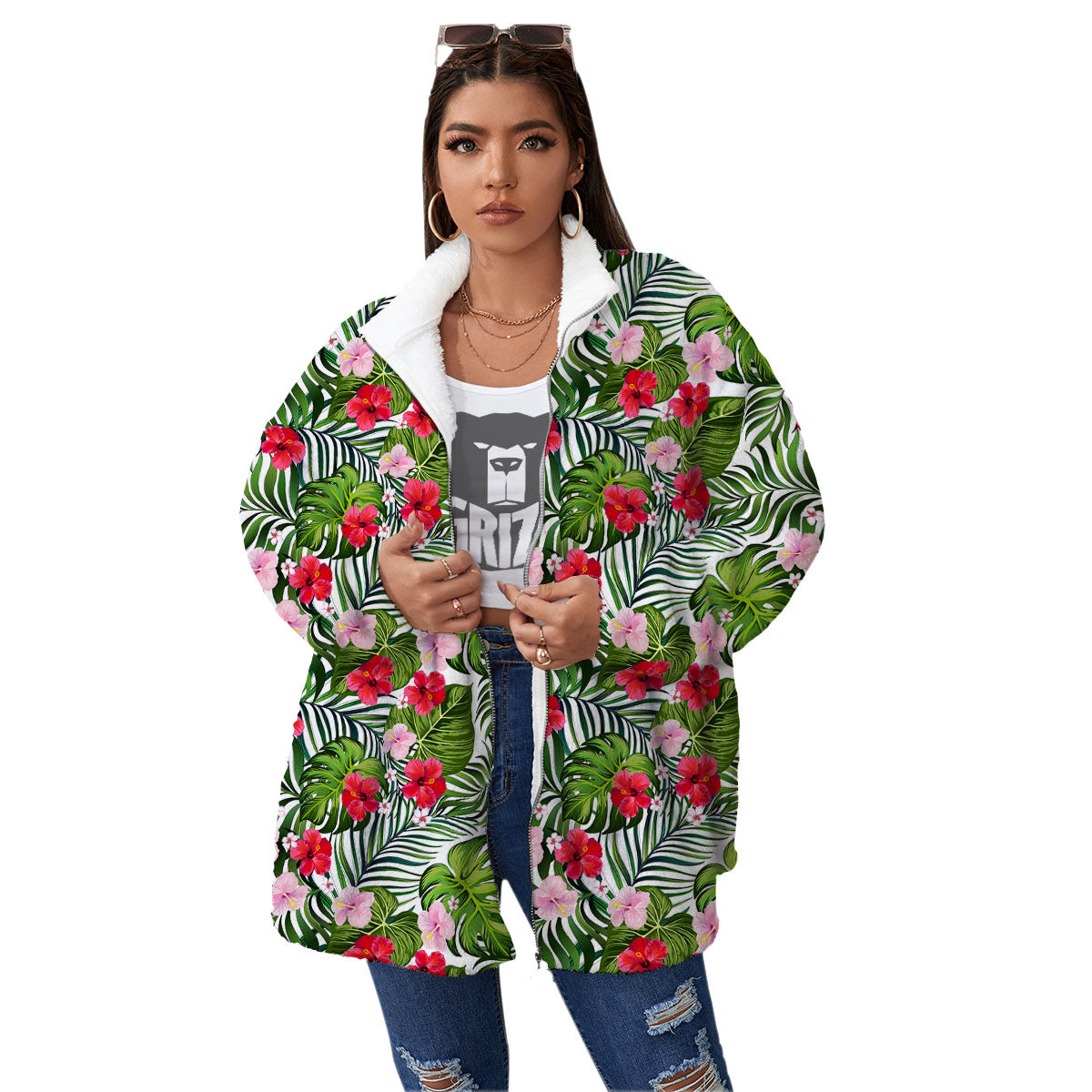 Hawaii Hibiscus Monstera Print Pattern Women's Sherpa Jacket-grizzshop