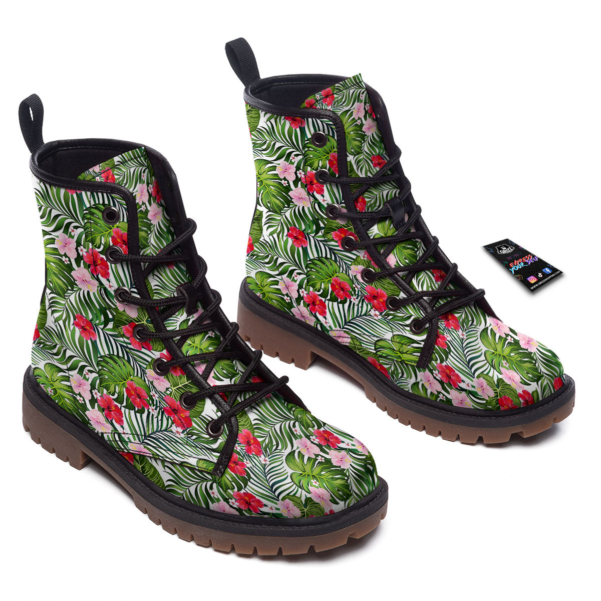 Hawaii Hibiscus Monstera Print Pattern Work Boots-grizzshop