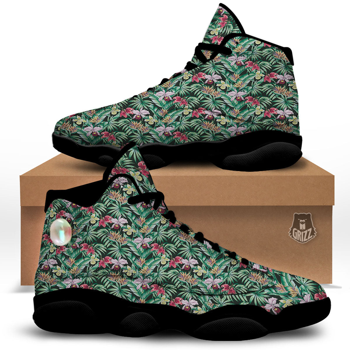 Hawaii Hibiscus Orchids Print Pattern Black Basketball Shoes-grizzshop
