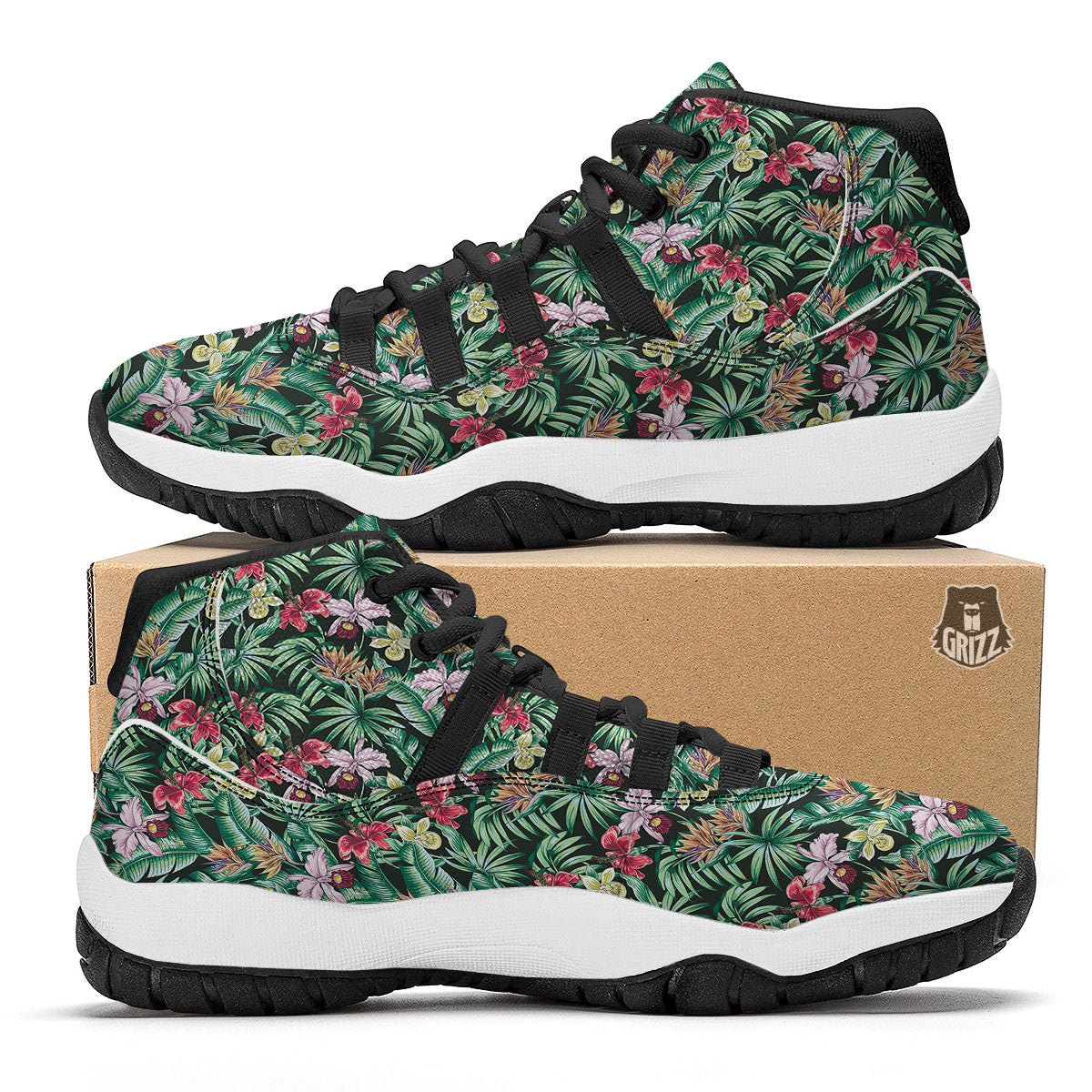 Hawaii Hibiscus Orchids Print Pattern Black Bball Shoes-grizzshop