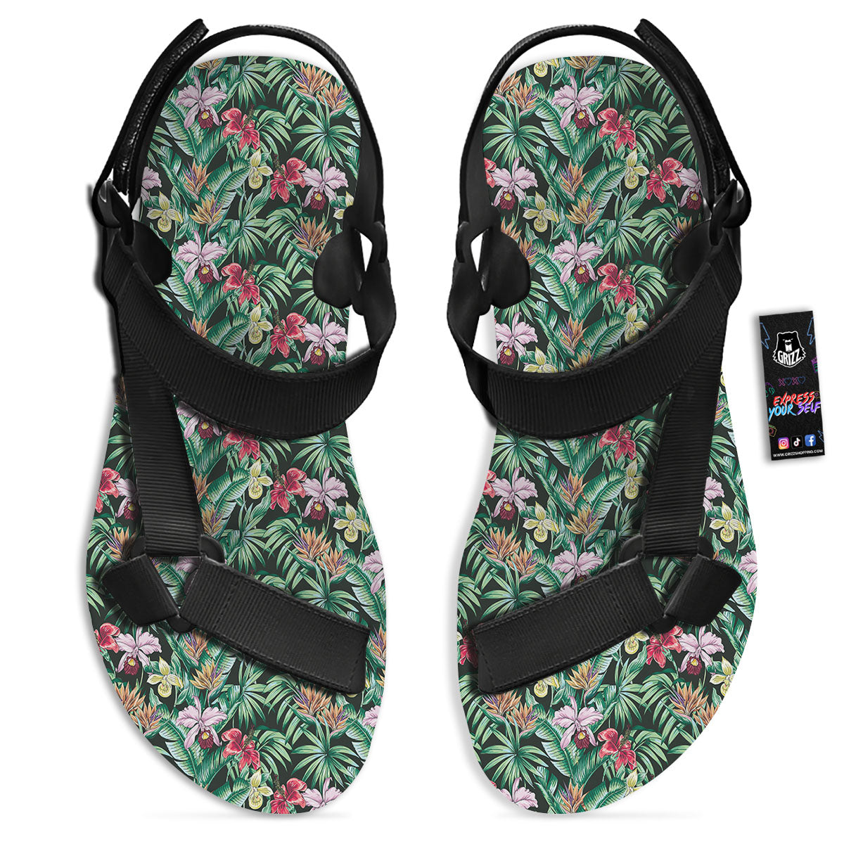 Hawaii Hibiscus Orchids Print Pattern Black Open Toe Sandals-grizzshop