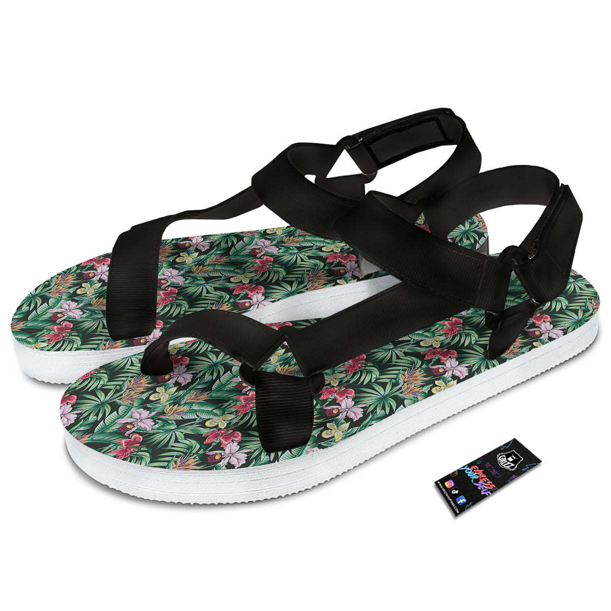 Hawaii Hibiscus Orchids Print Pattern Black Open Toe Sandals-grizzshop