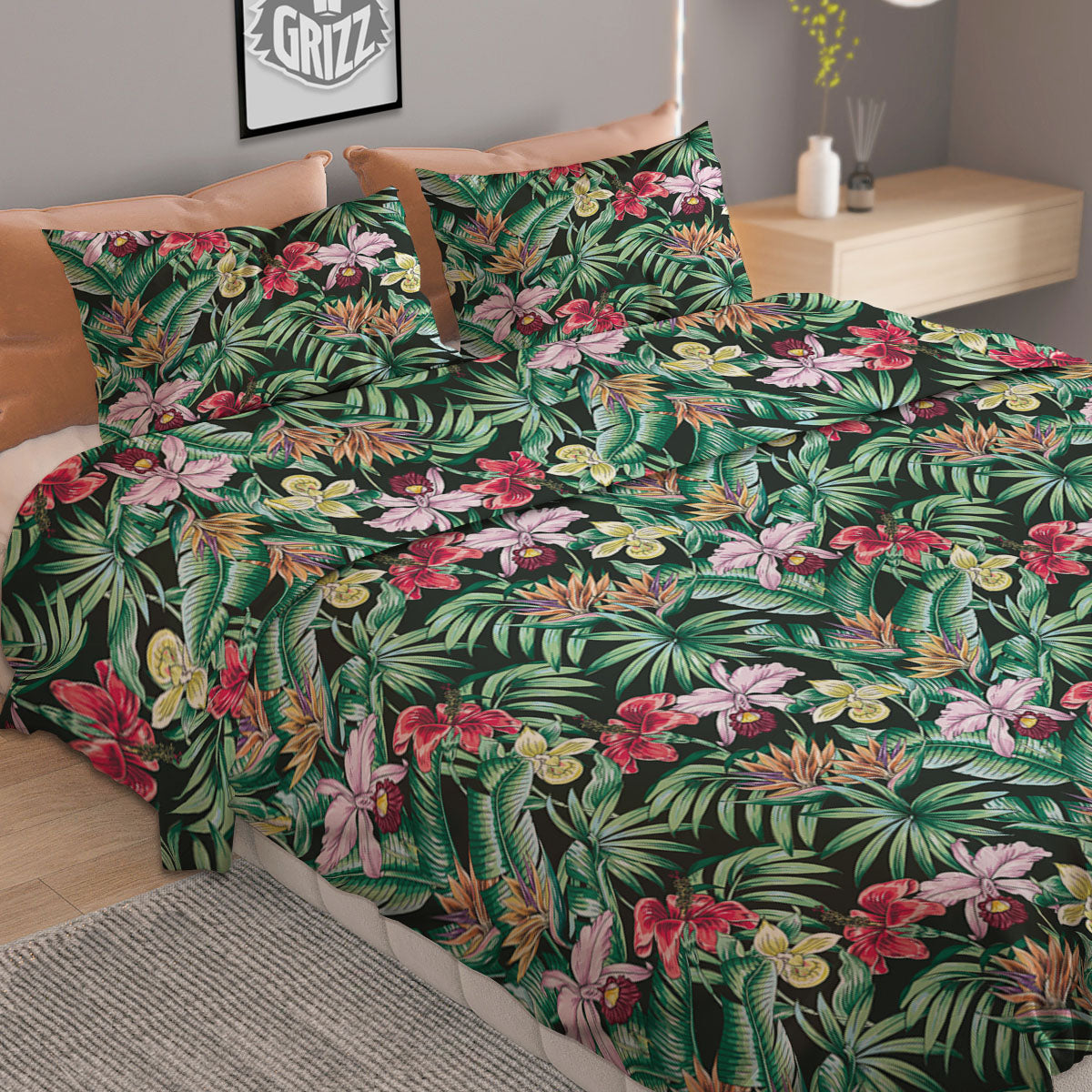 Hawaii Hibiscus Orchids Print Pattern Duvet Cover Bedding Set