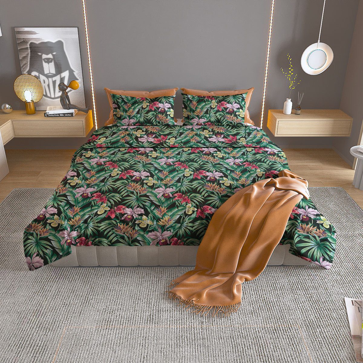 Hawaii Hibiscus Orchids Print Pattern Duvet Cover Bedding Set