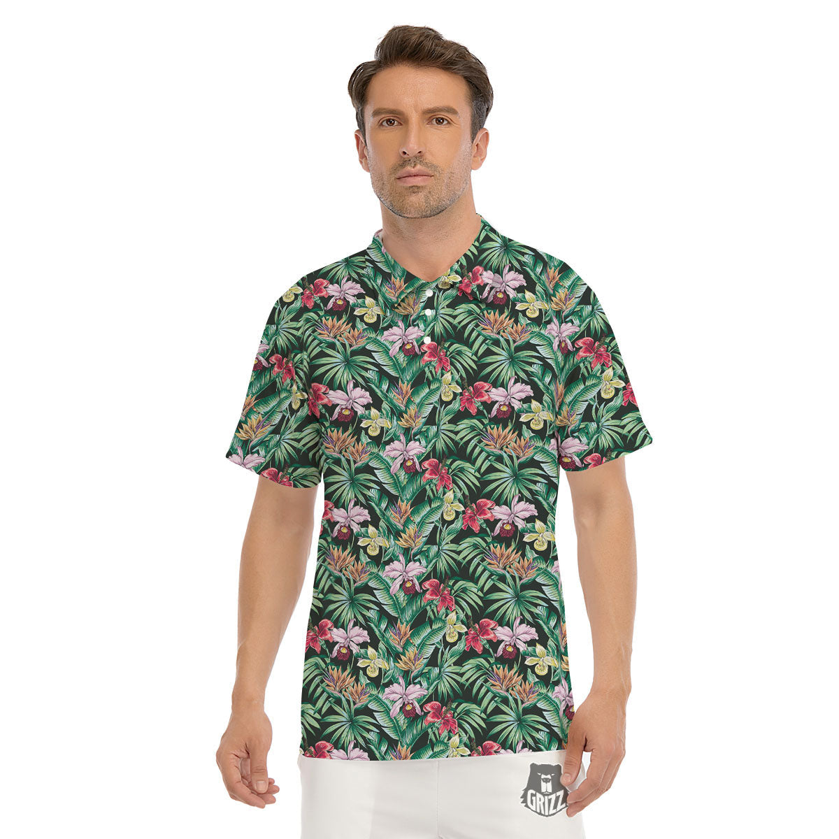 Hawaii Hibiscus Orchids Print Pattern Men's Golf Shirts-grizzshop