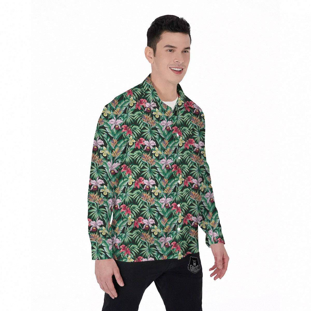 Hawaii Hibiscus Orchids Print Pattern Men's Long Sleeve Shirts-grizzshop