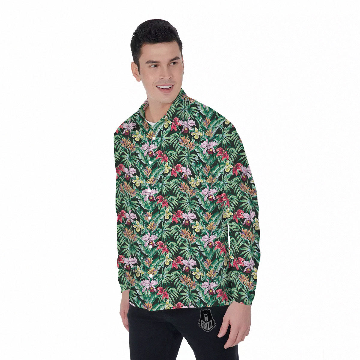 Hawaii Hibiscus Orchids Print Pattern Men's Long Sleeve Shirts-grizzshop