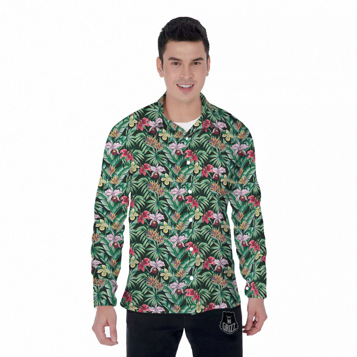 Hawaii Hibiscus Orchids Print Pattern Men's Long Sleeve Shirts-grizzshop