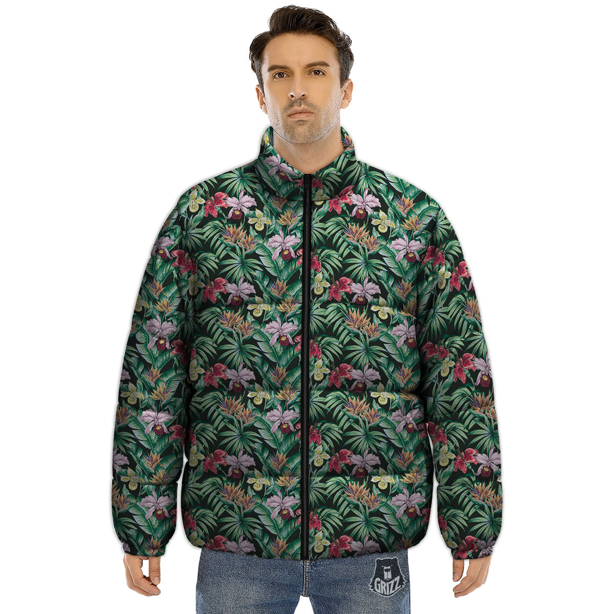 Hawaii Hibiscus Orchids Print Pattern Puffer Jacket-grizzshop