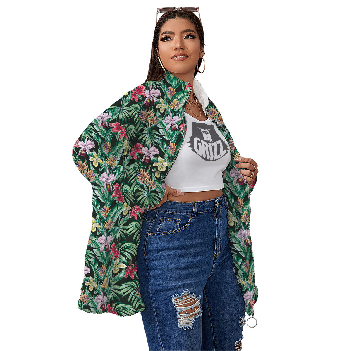 Hawaii Hibiscus Orchids Print Pattern Women's Sherpa Jacket-grizzshop