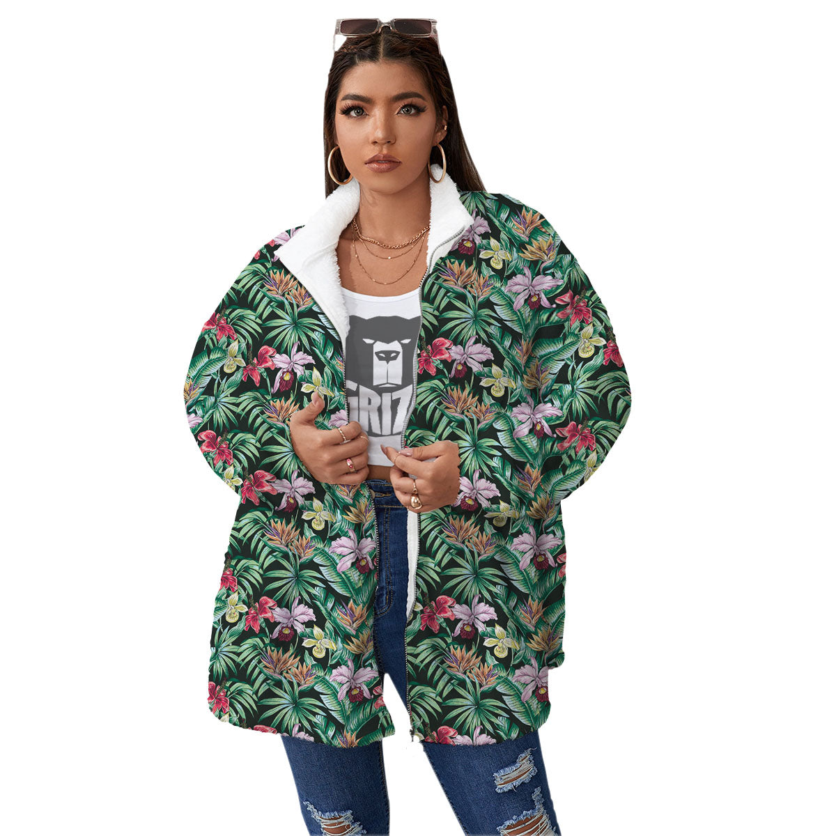 Hawaii Hibiscus Orchids Print Pattern Women's Sherpa Jacket-grizzshop