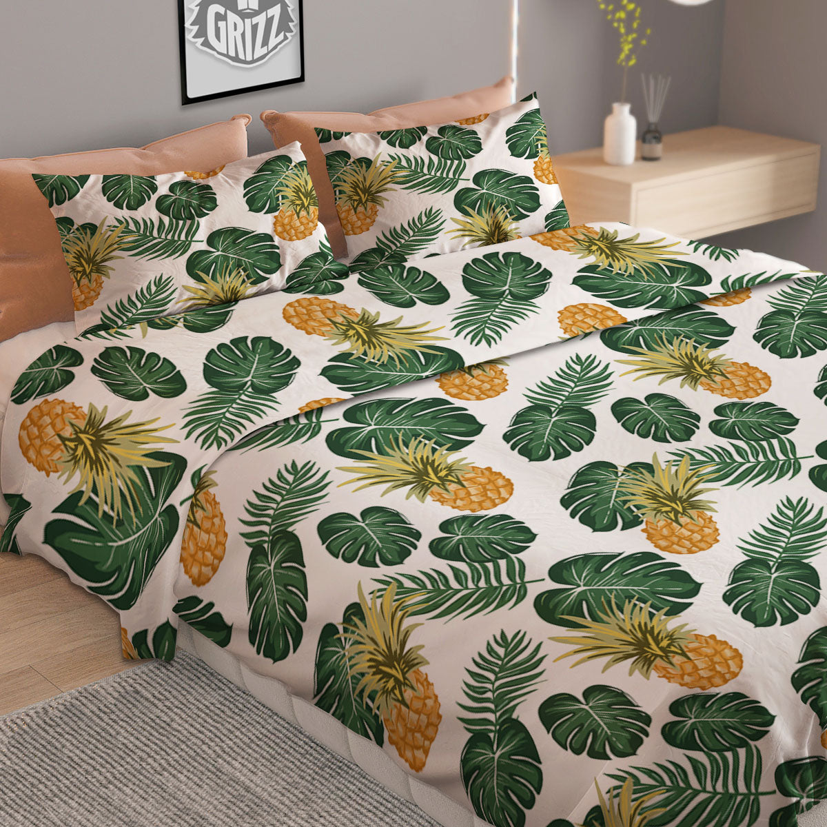 Hawaii Hibiscus Pineapple Print Pattern Duvet Cover Bedding Set