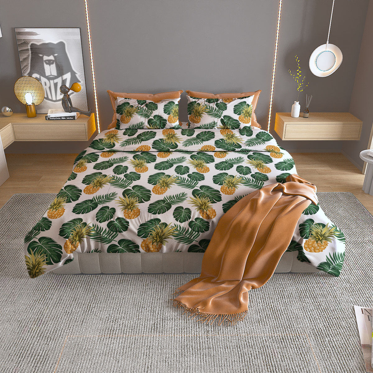 Hawaii Hibiscus Pineapple Print Pattern Duvet Cover Bedding Set