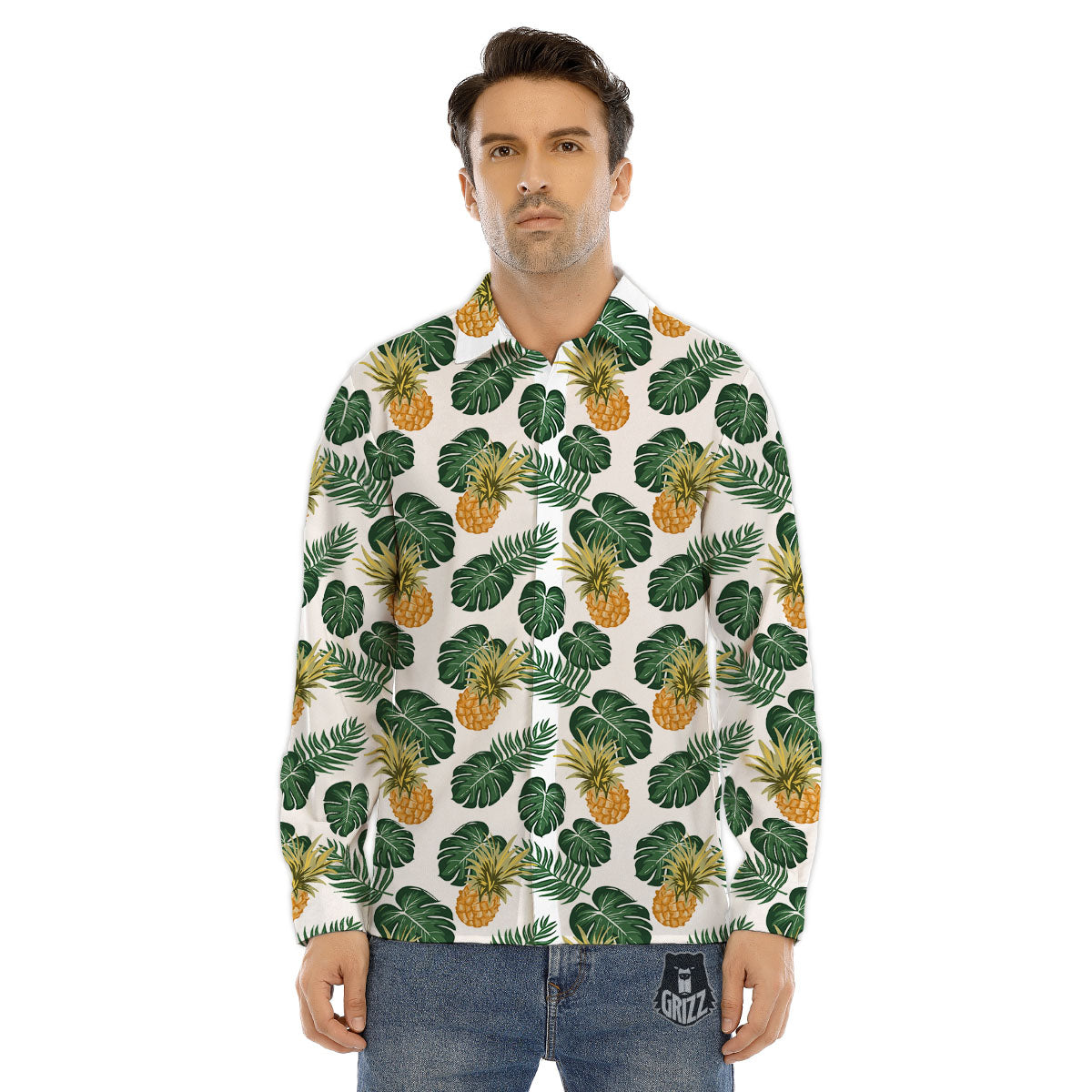 Hawaii Hibiscus Pineapple Print Pattern Men's Dress Shirts-grizzshop