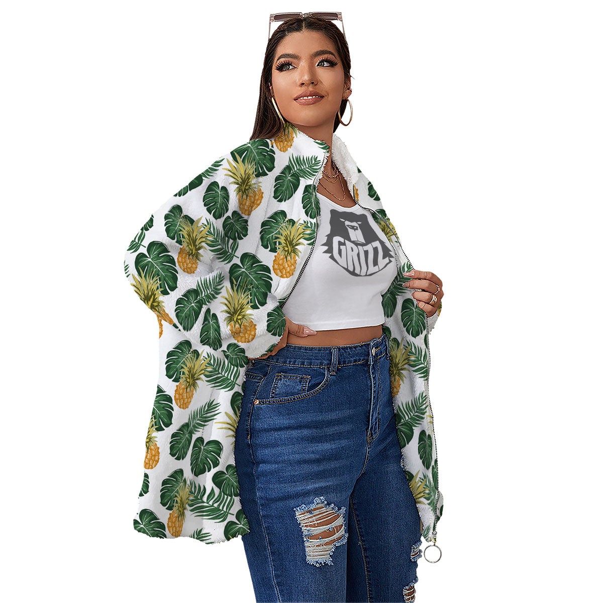 Hawaii Hibiscus Pineapple Print Pattern Women's Sherpa Jacket-grizzshop