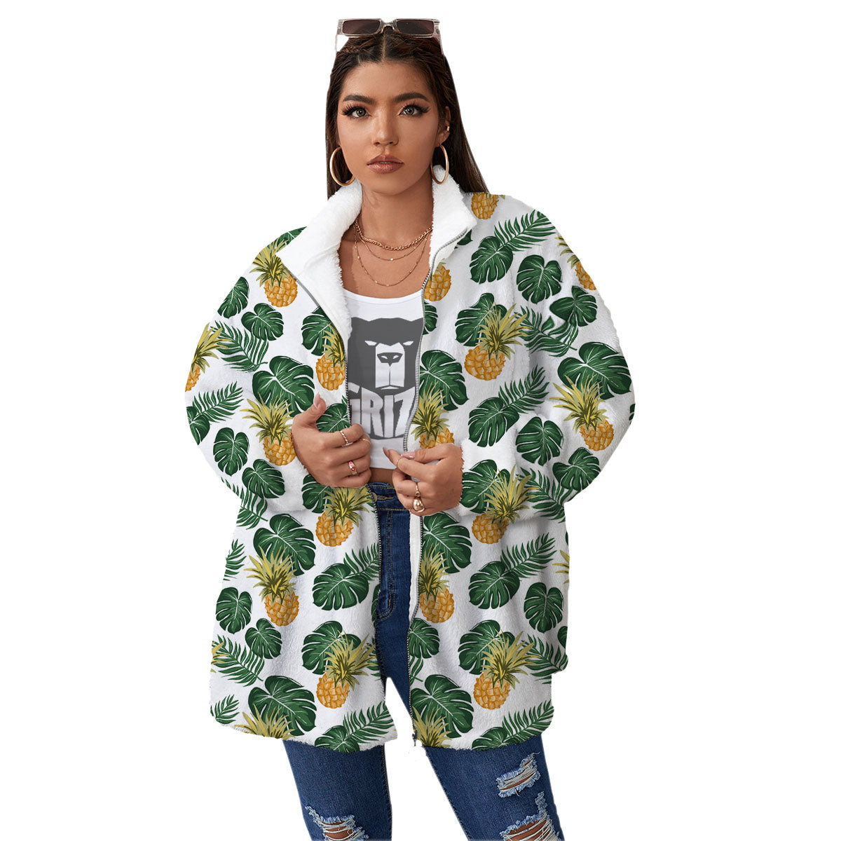 Hawaii Hibiscus Pineapple Print Pattern Women's Sherpa Jacket-grizzshop