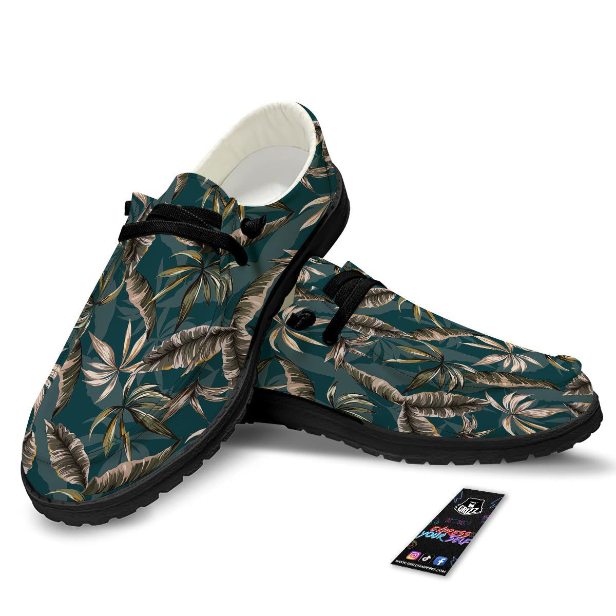 Hawaii Leaf Green Tropical Print Pattern Black Loafers-grizzshop