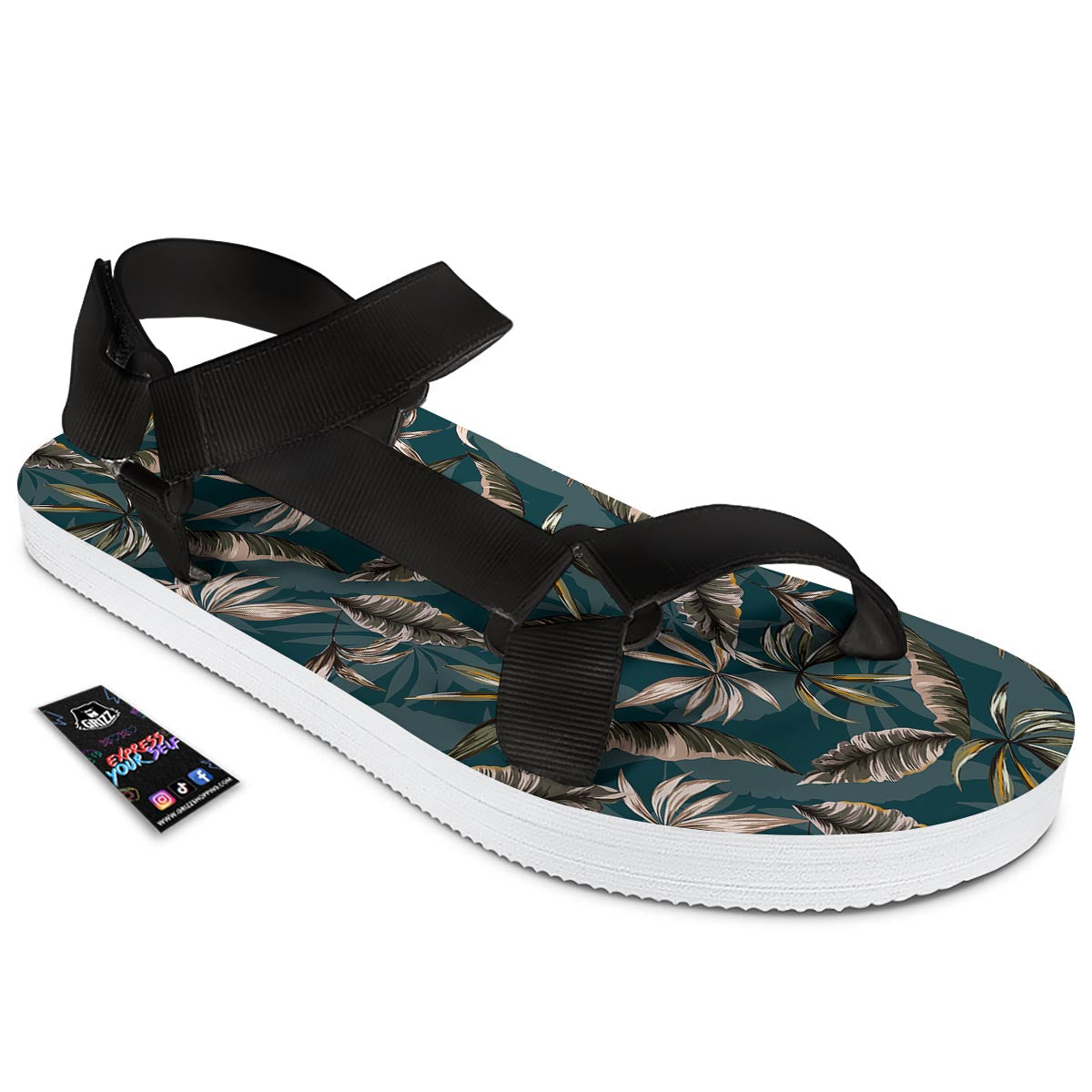 Hawaii Leaf Green Tropical Print Pattern Black Open Toe Sandals-grizzshop