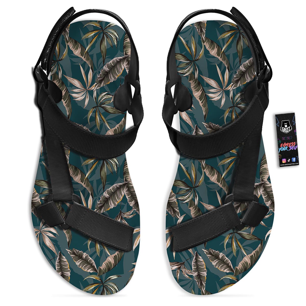 Hawaii Leaf Green Tropical Print Pattern Black Open Toe Sandals-grizzshop