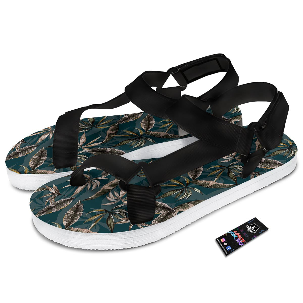 Hawaii Leaf Green Tropical Print Pattern Black Open Toe Sandals-grizzshop
