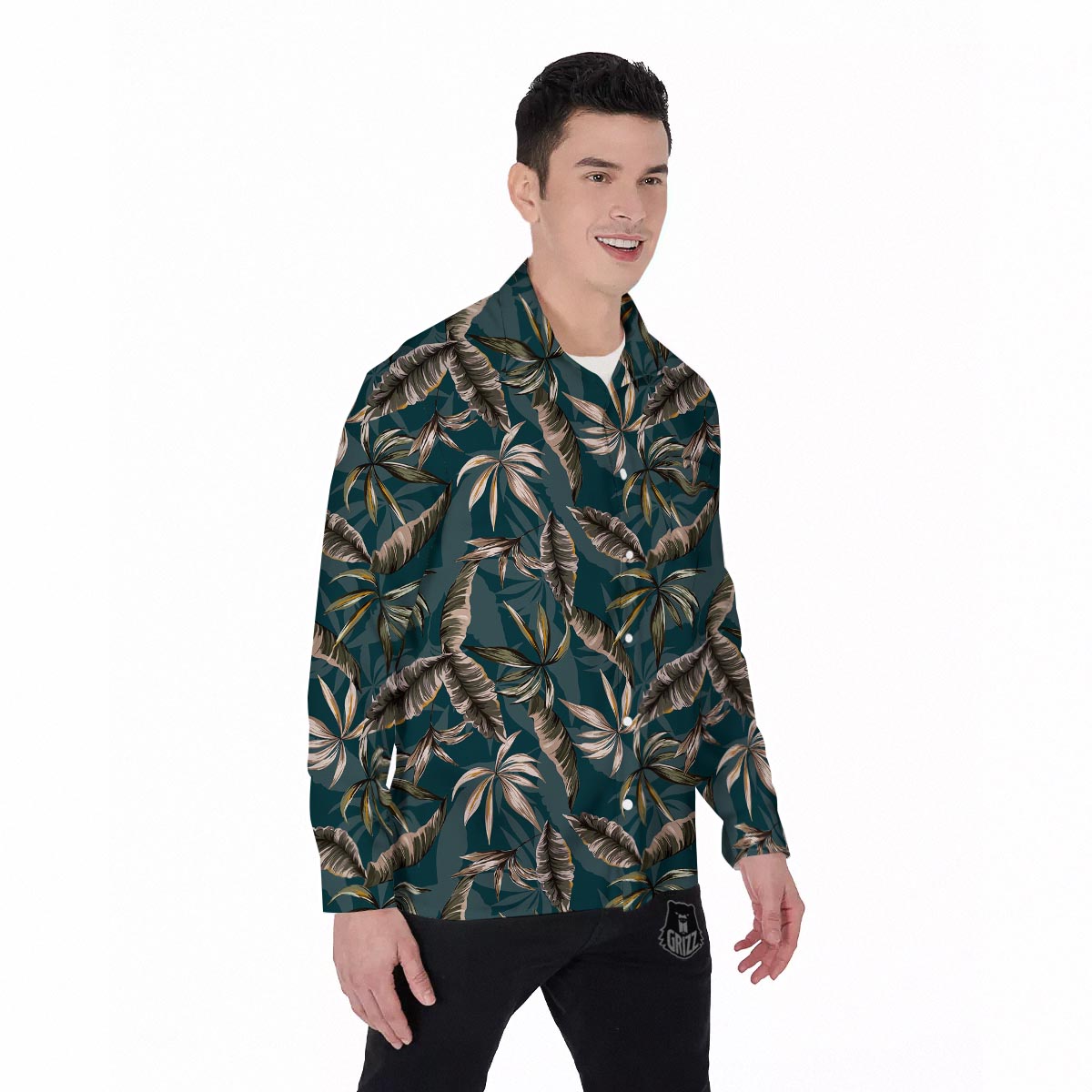 Hawaii Leaf Green Tropical Print Pattern Men's Long Sleeve Shirts-grizzshop