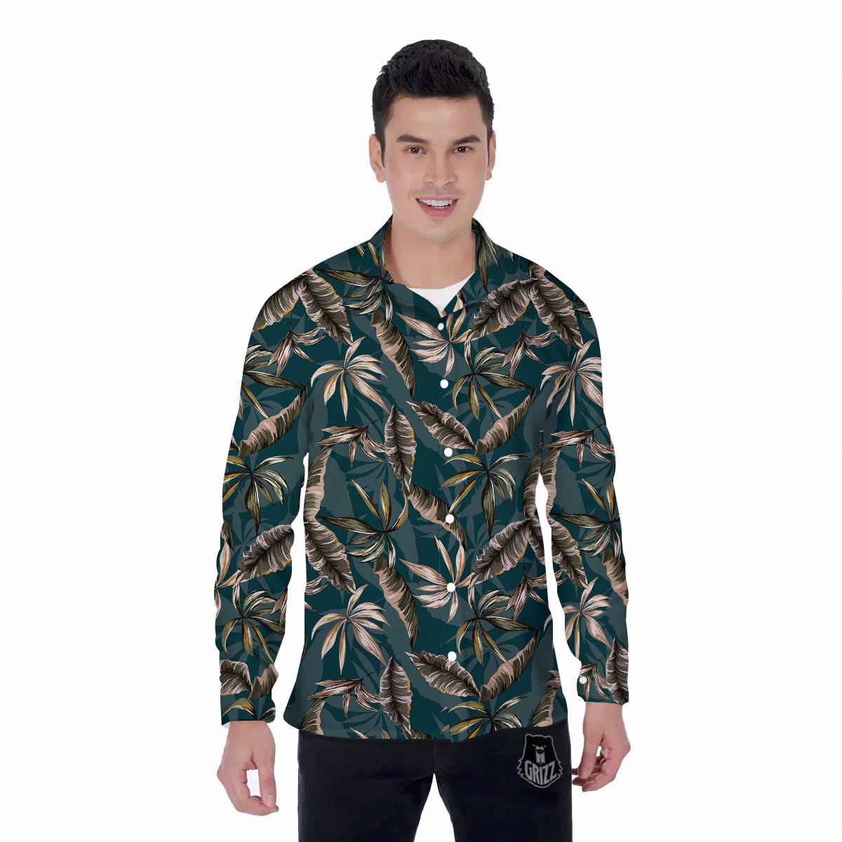 Hawaii Leaf Green Tropical Print Pattern Men's Long Sleeve Shirts-grizzshop