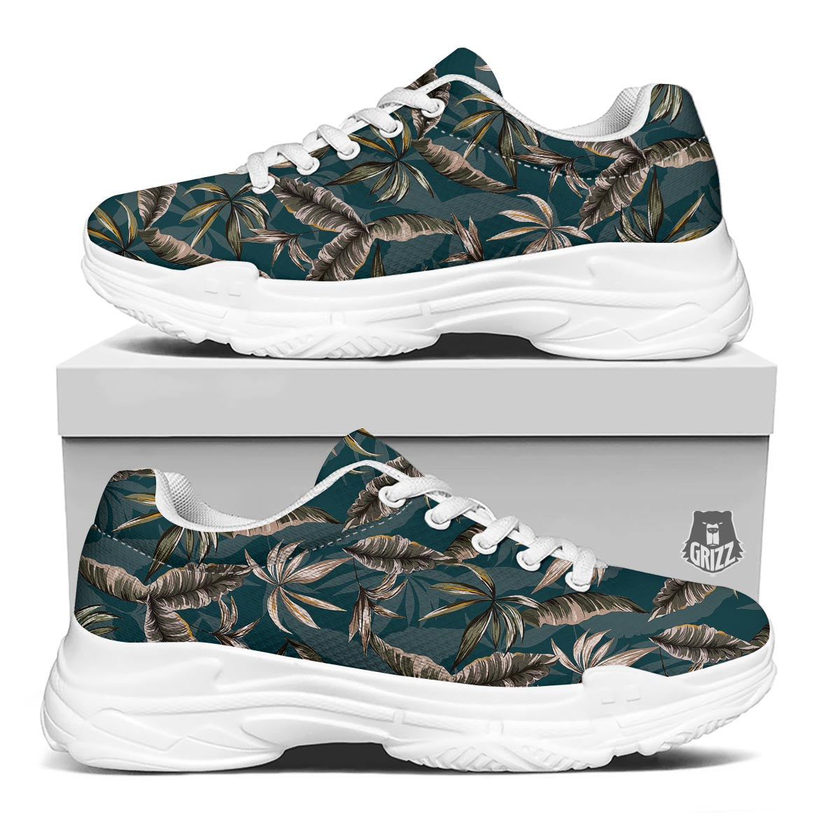 Hawaii Leaf Green Tropical Print Pattern White Chunky Shoes-grizzshop
