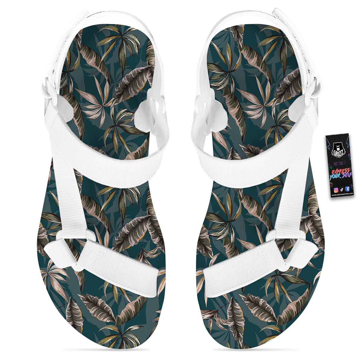 Hawaii Leaf Green Tropical Print Pattern White Open Toe Sandals-grizzshop