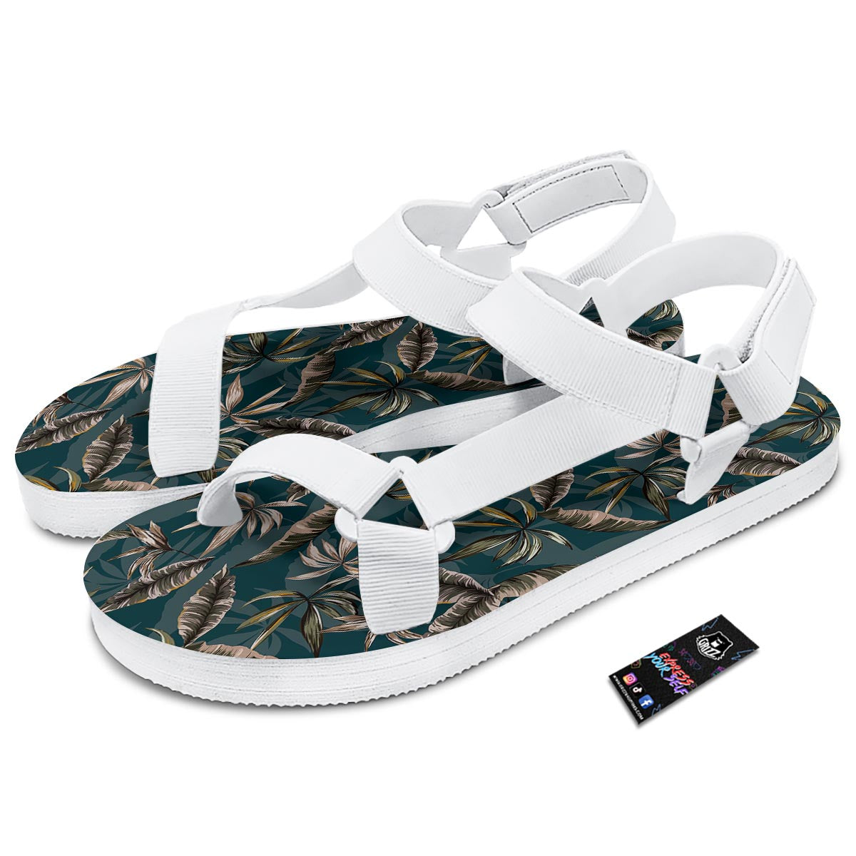 Hawaii Leaf Green Tropical Print Pattern White Open Toe Sandals-grizzshop