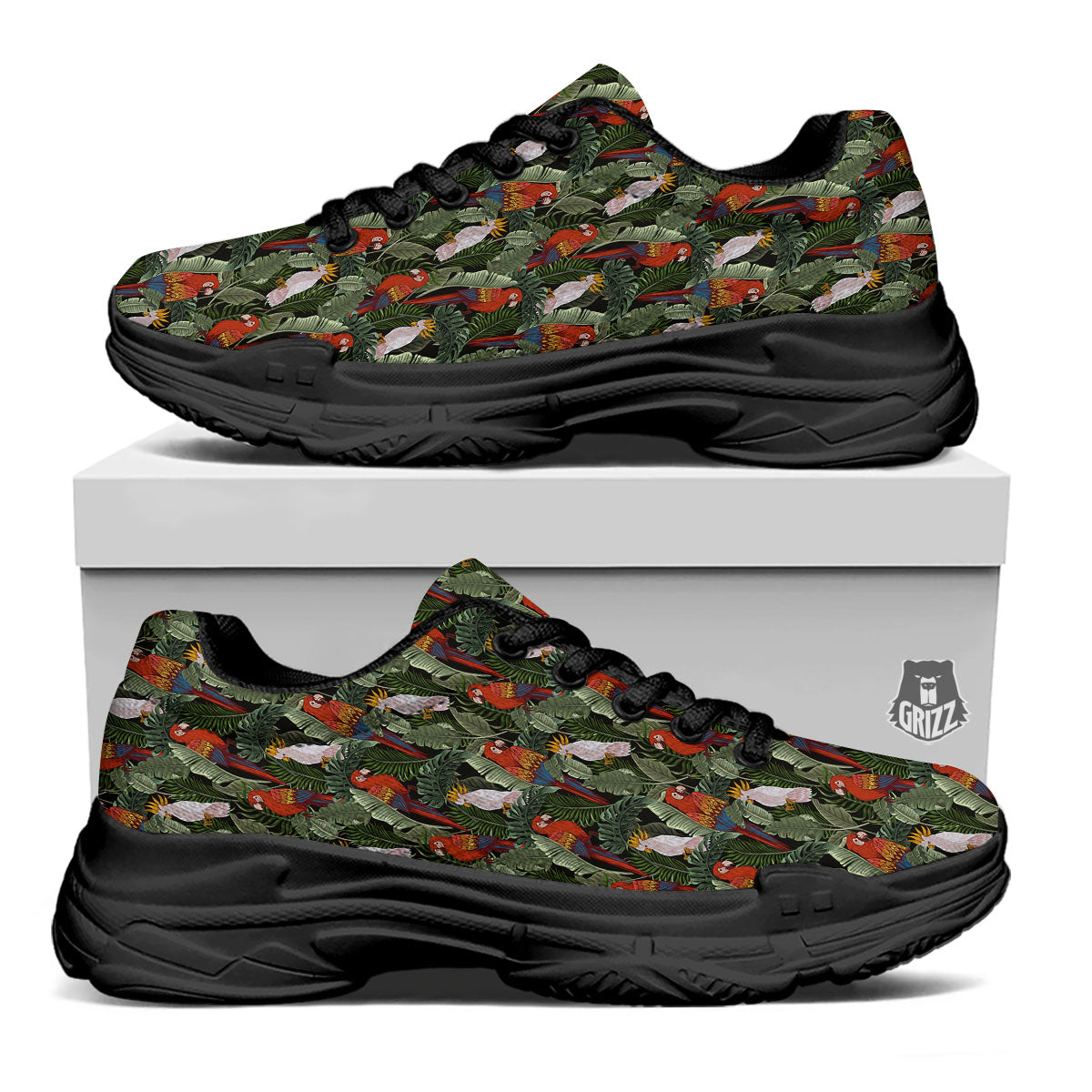 Hawaii Leaf Parrot Banana Print Pattern Black Chunky Shoes-grizzshop