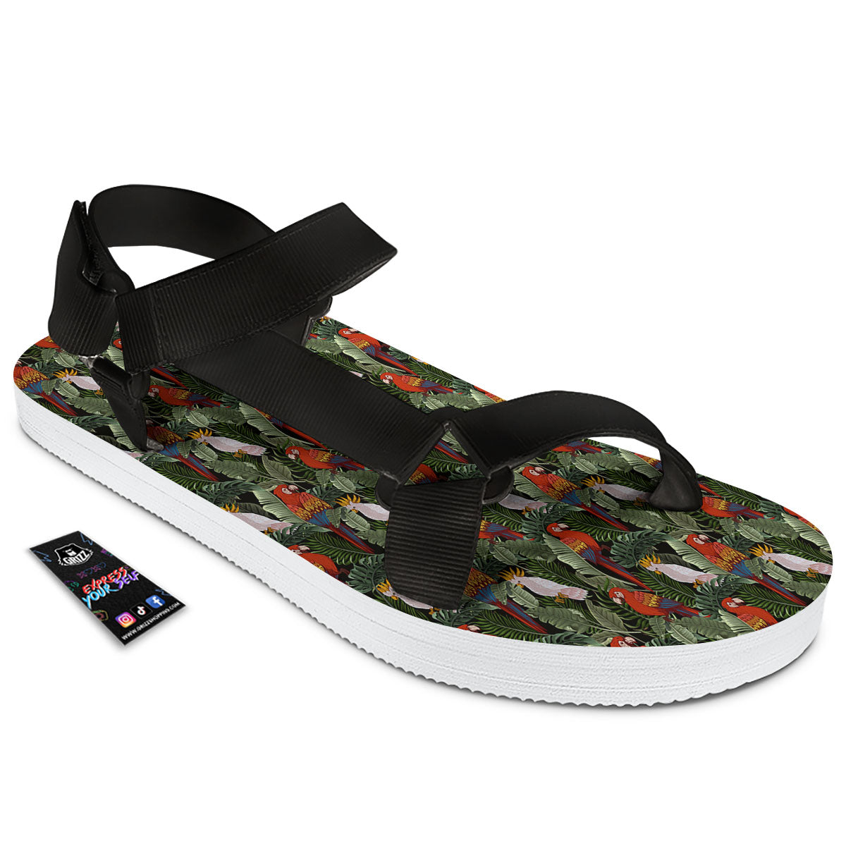 Hawaii Leaf Parrot Banana Print Pattern Black Open Toe Sandals-grizzshop