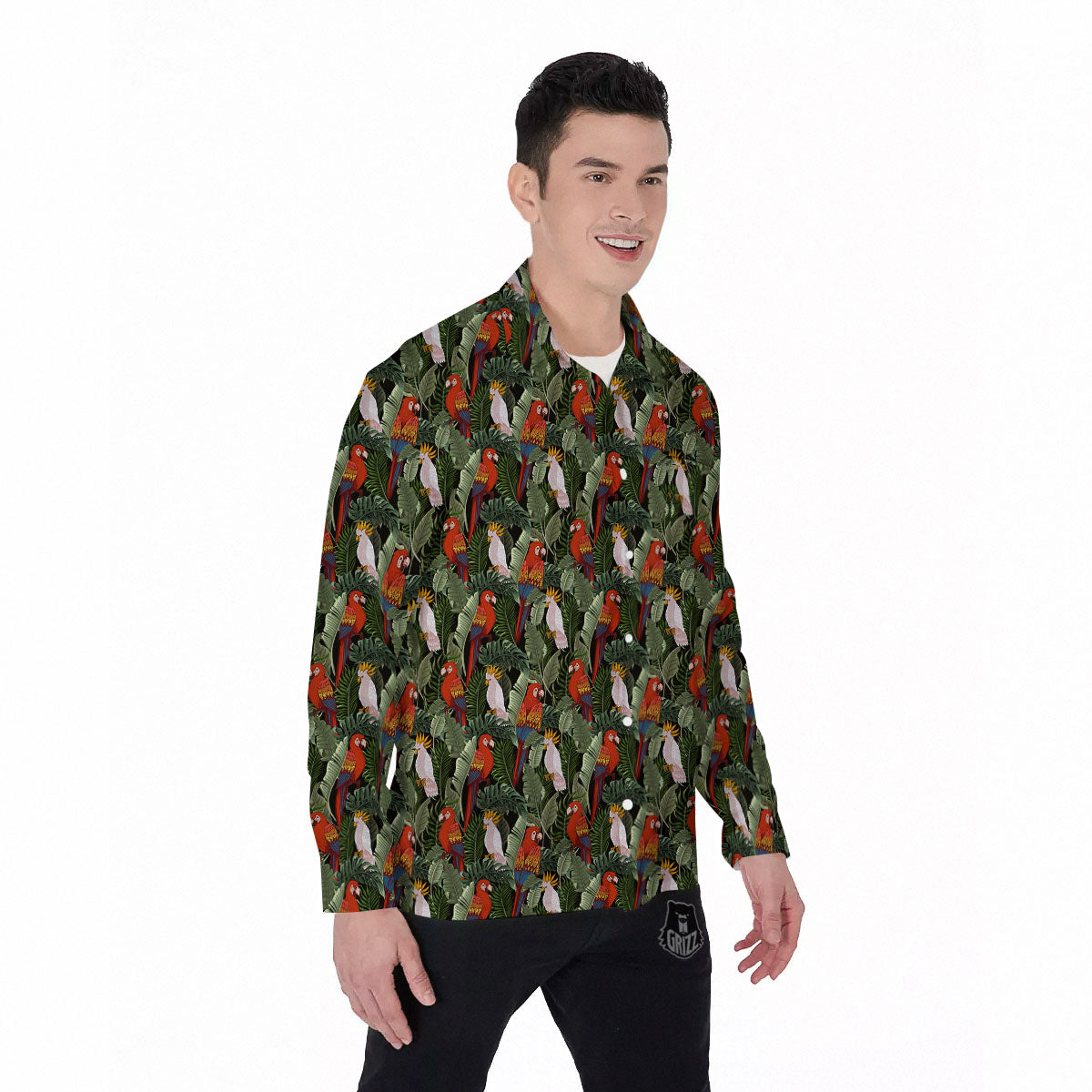 Hawaii Leaf Parrot Banana Print Pattern Men's Long Sleeve Shirts-grizzshop