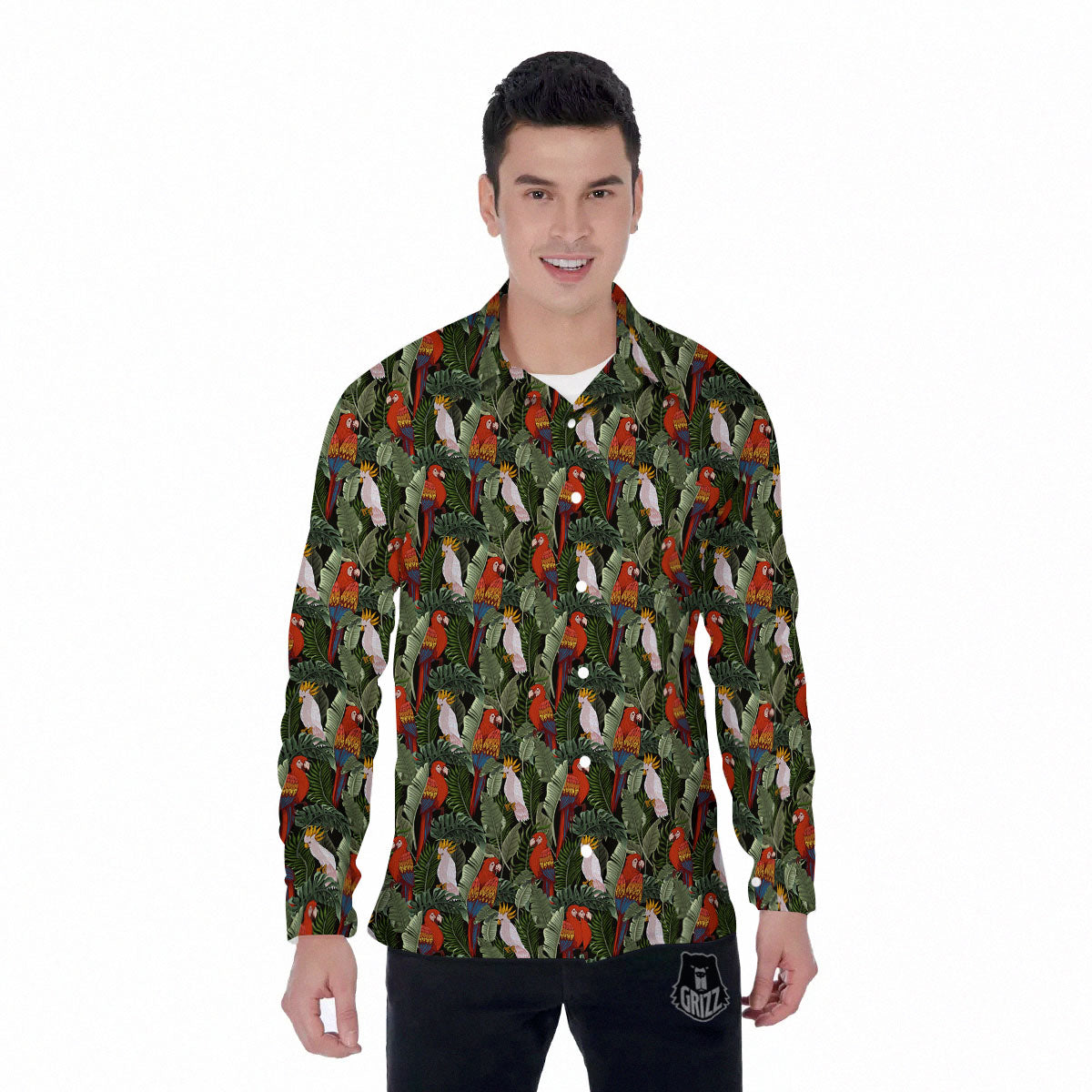 Hawaii Leaf Parrot Banana Print Pattern Men's Long Sleeve Shirts-grizzshop