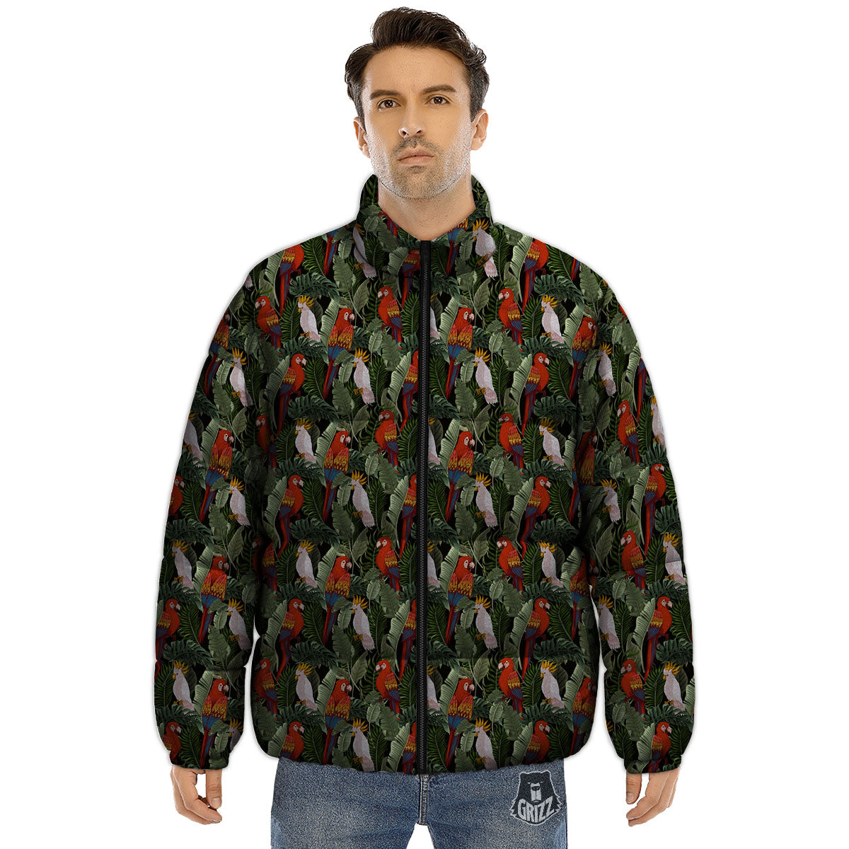 Hawaii Leaf Parrot Banana Print Pattern Puffer Jacket-grizzshop