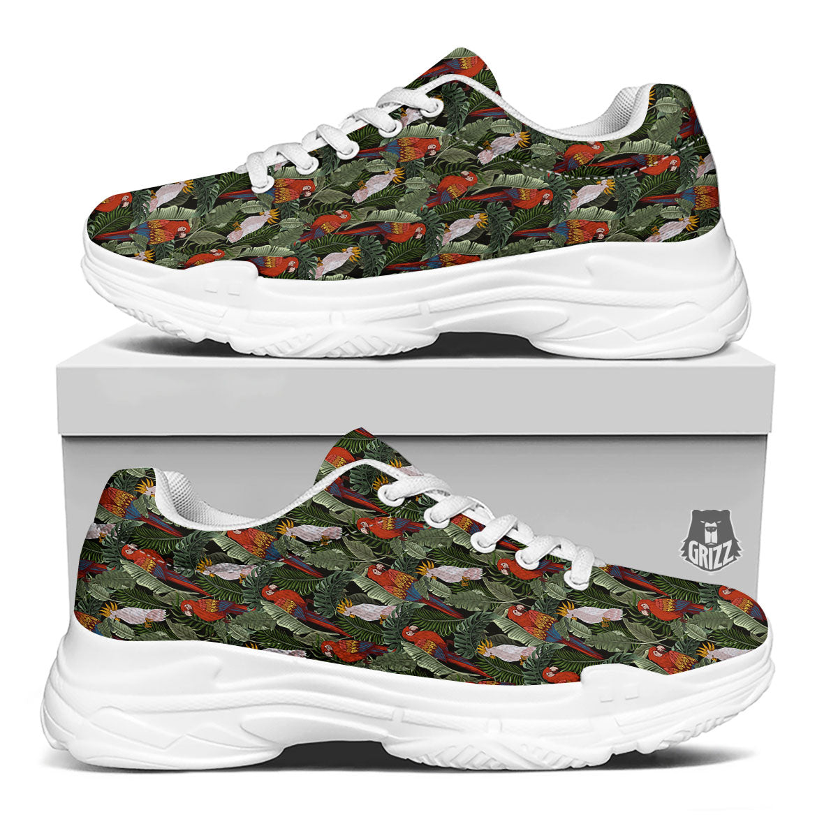 Hawaii Leaf Parrot Banana Print Pattern White Chunky Shoes-grizzshop