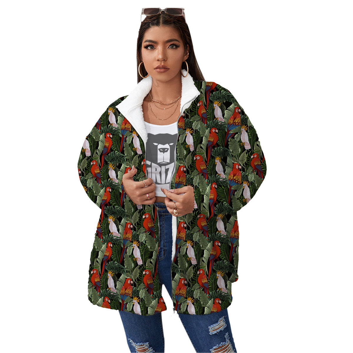Hawaii Leaf Parrot Banana Print Pattern Women's Sherpa Jacket-grizzshop