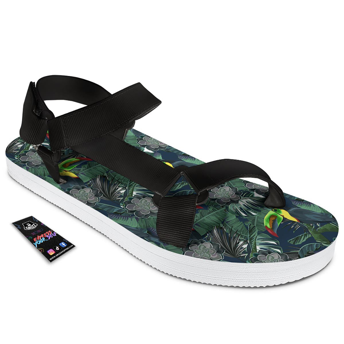Hawaii Toucan Aloha Print Pattern Black Open Toe Sandals-grizzshop