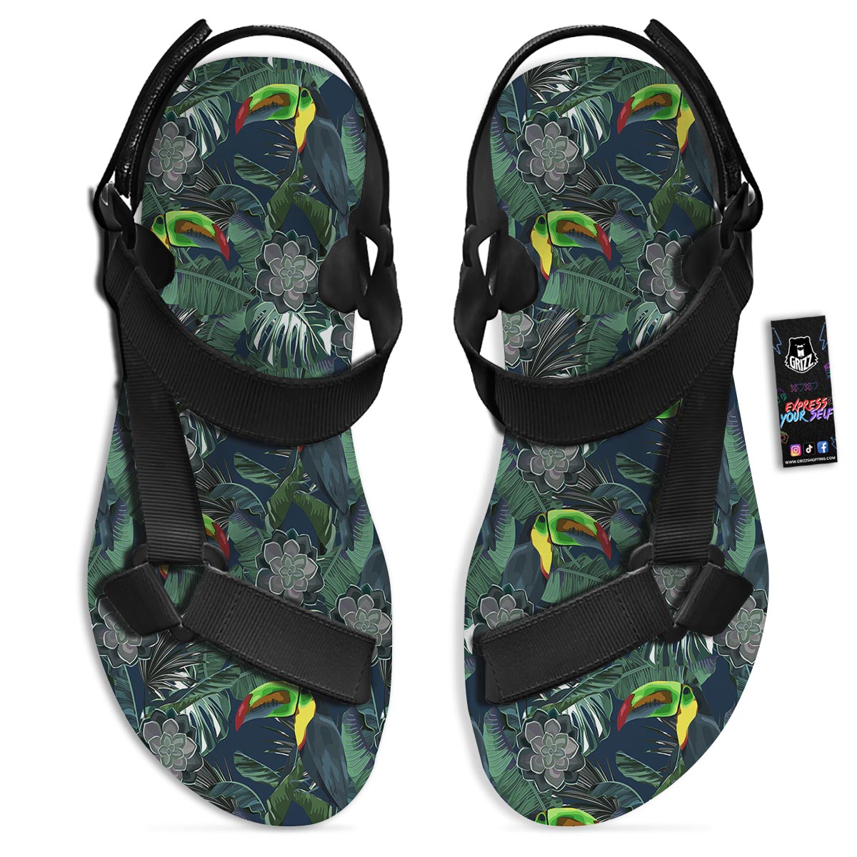 Hawaii Toucan Aloha Print Pattern Black Open Toe Sandals-grizzshop