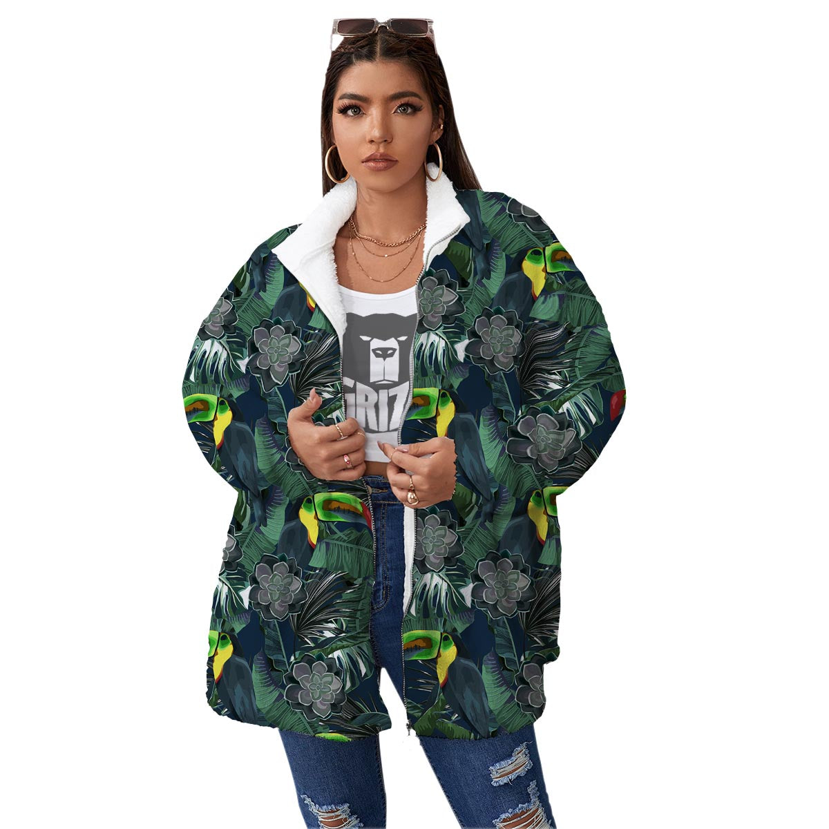 Hawaii Toucan Aloha Print Pattern Women's Sherpa Jacket-grizzshop