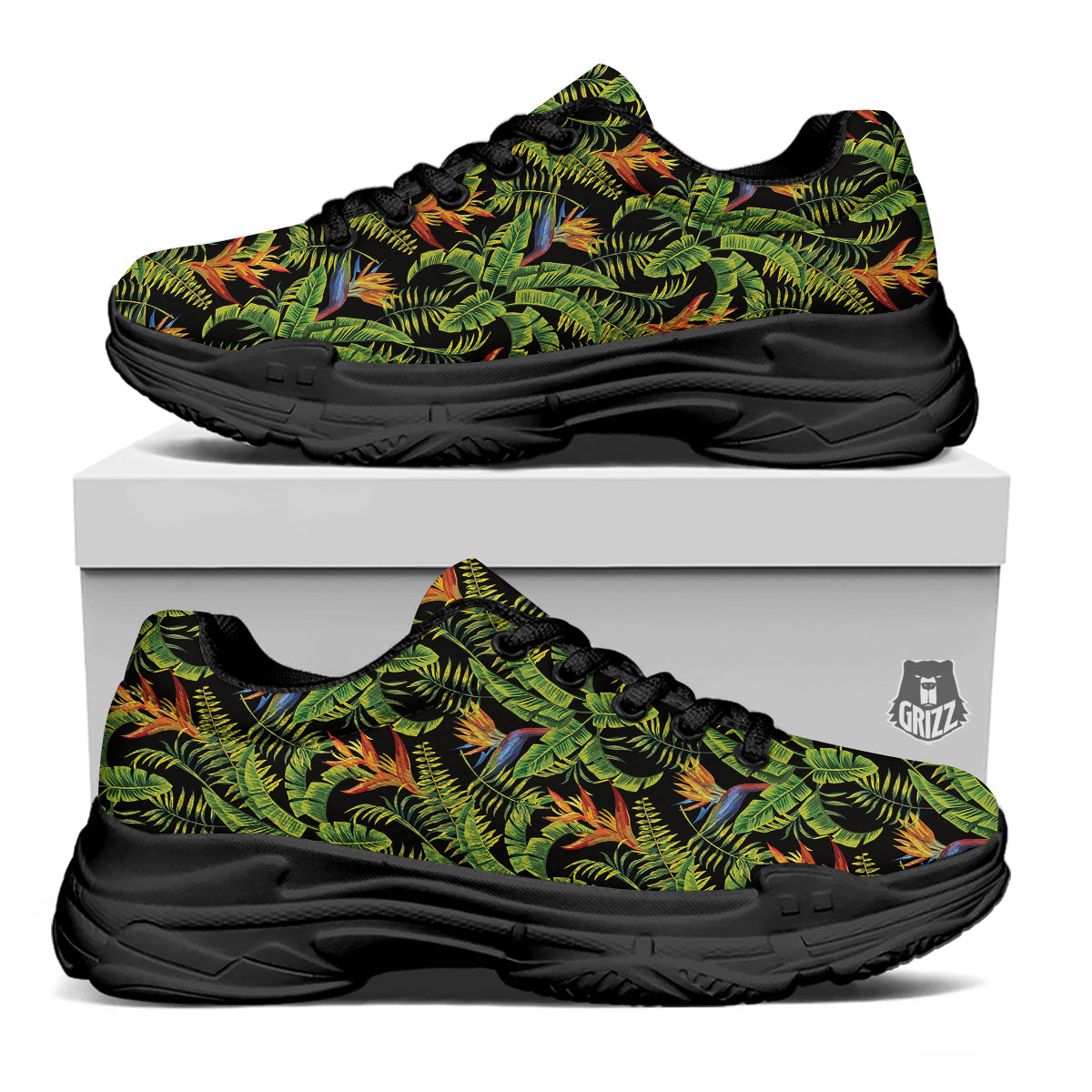 Hawaiian Banana Leaf Print Pattern Black Chunky Shoes-grizzshop