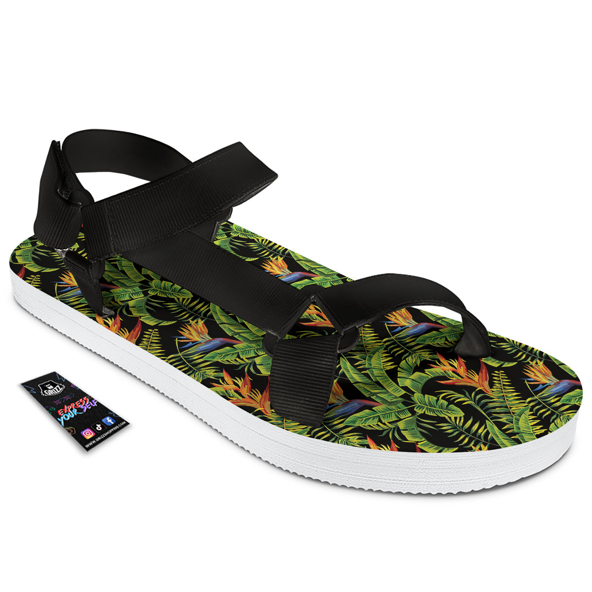 Hawaiian Banana Leaf Print Pattern Black Open Toe Sandals-grizzshop