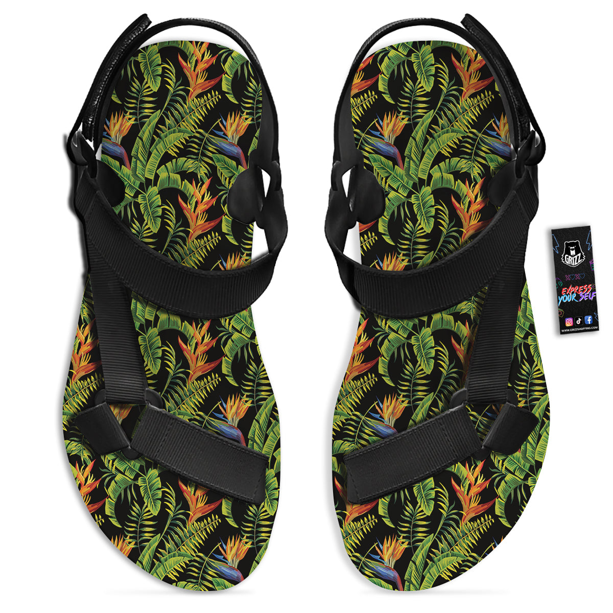 Hawaiian Banana Leaf Print Pattern Black Open Toe Sandals-grizzshop