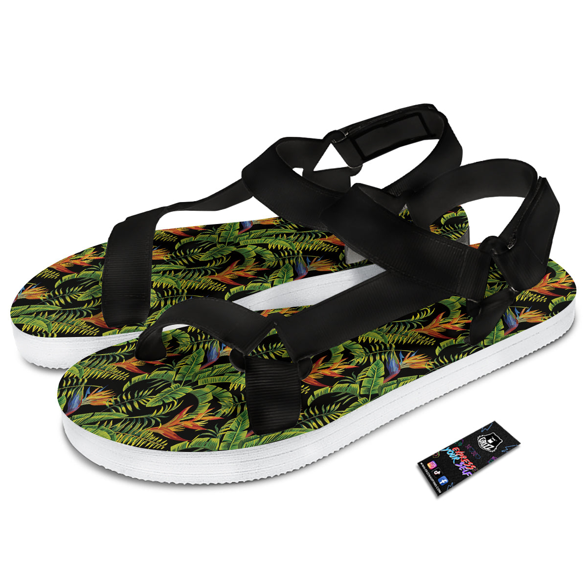 Hawaiian Banana Leaf Print Pattern Black Open Toe Sandals-grizzshop